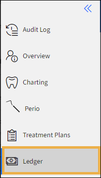 Dental Chart menu with yellow highlight box around Ledger.